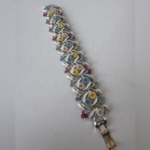 Vintage Bracelet silver-tone floral link MCM white enamel leaves pastel flowers